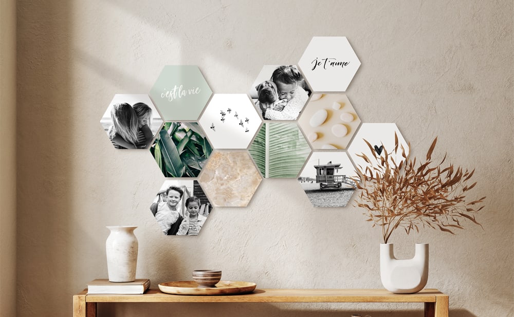 Shapes® collage mural con mosaicos fotográficos hexagonales — creativos, flexibles y fáciles de ampliar para un diseño personal.