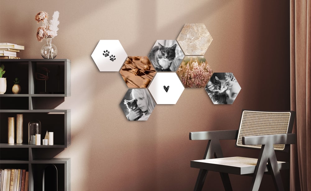 Crea un collage da parete unico con Shapes® — piastrelle fotografiche modulari a esagono. Facili da applicare, ampliare e personalizzare.